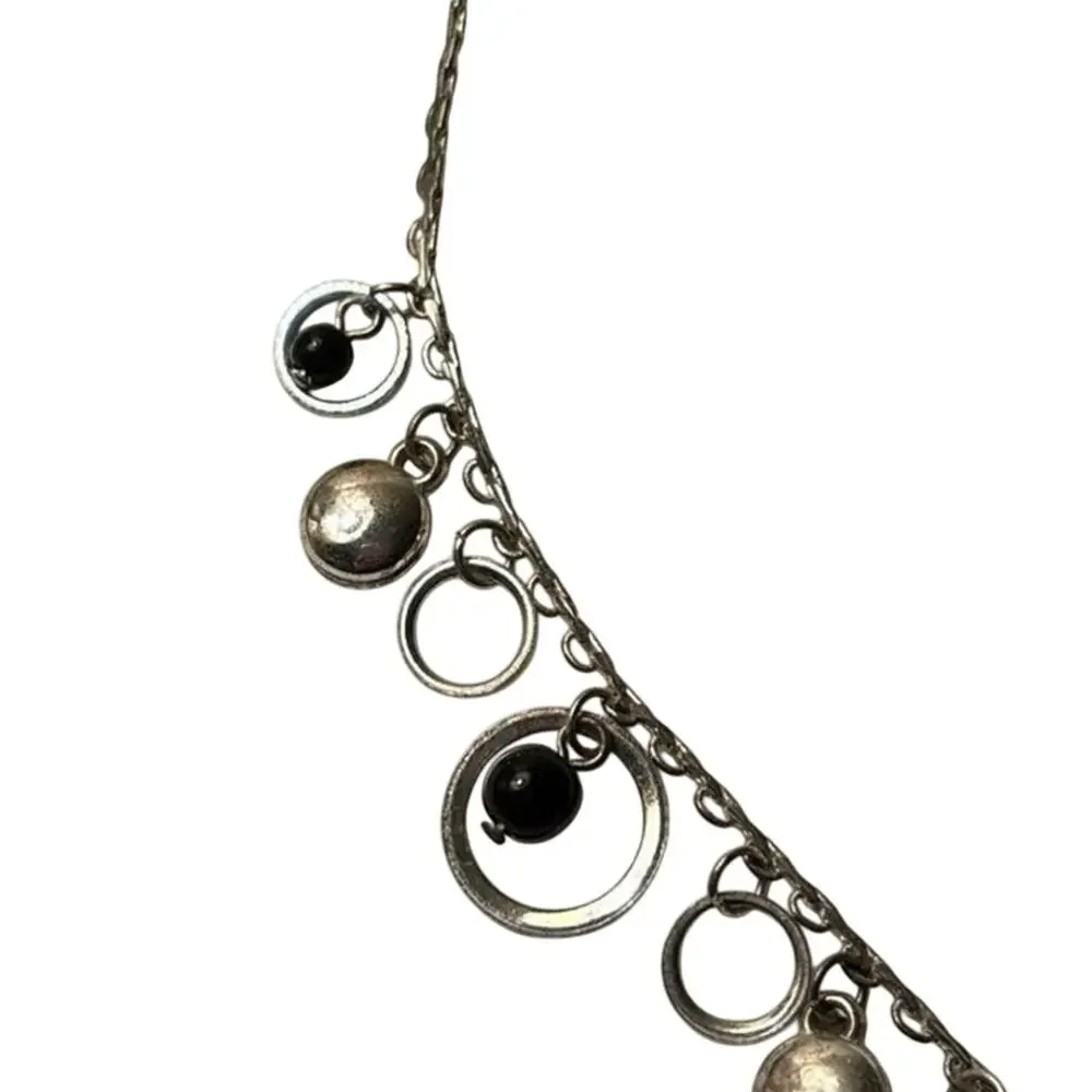 Silver Tone Circle Dangle Necklace Black Beads Modern 16”